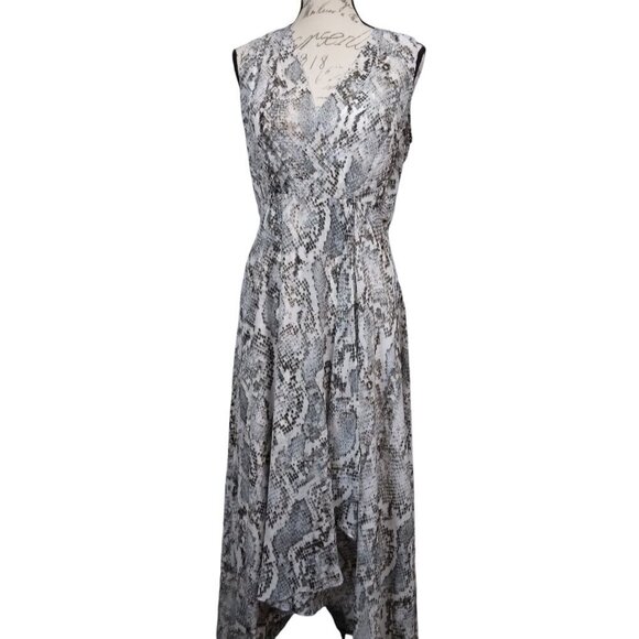 NWT Calvin Klein | Chiffon Faux Wrap Snake Print Hi-Lo Maxi Dress | Size 10 - Picture 1 of 11